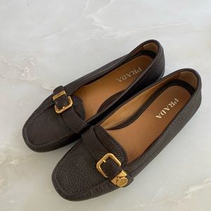 Prada 37.5 brown loafers with gold hardware